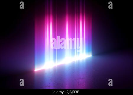 3D Render, digitale Illustration, abstrakter Neon-Hintergrund, vertikal leuchtende Linien, helles Licht, Laserstrahlen auf der dunklen Bühne Stockfoto