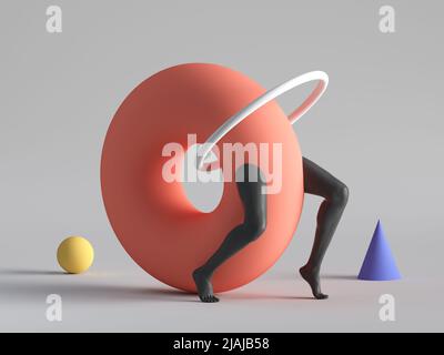 3D Render, primitive bunte geometrische Formen: Roter Torusdonut, gelbe Kugel, Kegel, schwarze Beine, isoliert auf weißem Hintergrund. Stockfoto