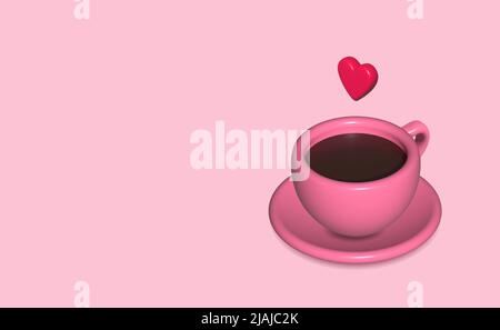 Tasse schwarzen Kaffee und rotes Herz auf rosa Hintergrund Stockfoto