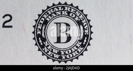 Federal Reserve Bank of New York. Siegel auf einer Dollar-Banknote Stockfoto