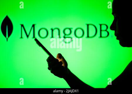 Brasilien. 30.. Mai 2022. Auf dieser Fototafel ist das MongoDB-Logo im Hintergrund einer Frau mit Silhouetten zu sehen, die ein Mobiltelefon in der Hand hält. (Foto von Rafael Henrique/SOPA Images/Sipa USA) Quelle: SIPA USA/Alamy Live News Stockfoto