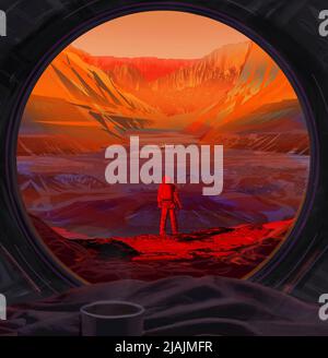 Künstlerkonzept eines Astronauten auf dem Mars, der durch das Fenster eines Raumschiffs gesehen wird. Stockfoto