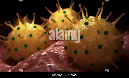 Konzeptionelle biomedizinische Illustration von Herpes genitalis auf der Oberfläche. Stockfoto