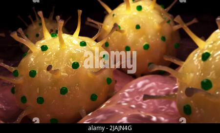 Konzeptionelle biomedizinische Illustration von Herpes genitalis auf der Oberfläche. Stockfoto