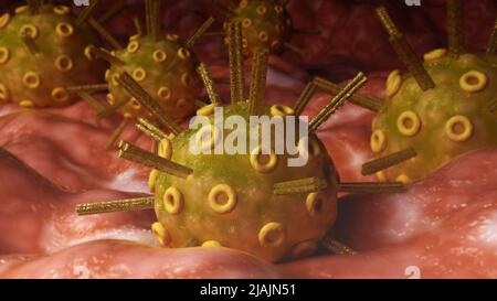 Konzeptionelle biomedizinische Illustration des Herpes-simplex-Virus an der Oberfläche. Stockfoto