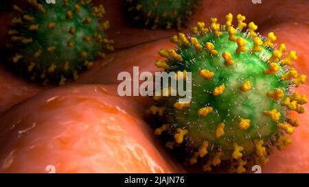 Konzeptionelle biomedizinische Illustration des Molluskum contagiosum-Virus an der Oberfläche. Stockfoto