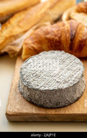 Französischer Ziegenkäse selles-sur-cher und frische Croissants aus nächster Nähe Stockfoto