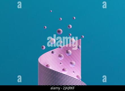Rosafarbene Spirale mit zufällig schwebenden Kugeln, 3D Render-Illustration, 3D abstrakte Kugeln Stockfoto