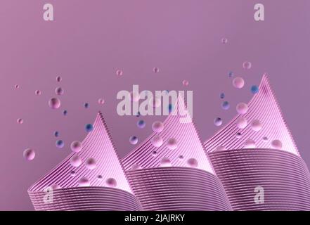 Rosafarbene Spirale mit zufällig schwebenden Kugeln, 3D Render-Illustration, 3D abstrakte Kugeln Stockfoto
