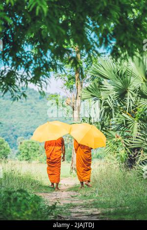 An Giang, Vietnam - 02. Mai 2022 : Junge Mönche (Novizen) gingen auf einem grünen Pfad. Menschen und religiöse Konzept. Stockfoto