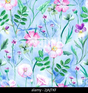 Nahtloses Aquarell-Blumenmuster mit rosa Wildfeld- und Wiesenpflanzen. Stockfoto