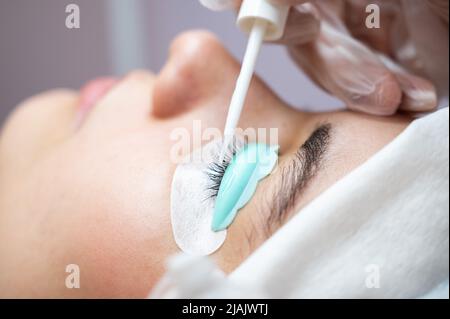 Junge Frau, die Wimpern färbt und laminiert. Stockfoto