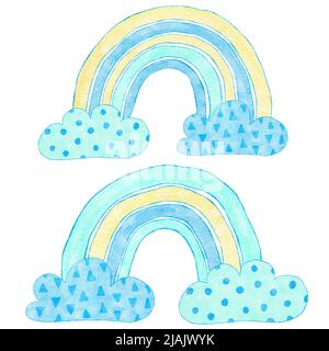 Aquarell handgezeichnete Illustration von blau gelben Regenbögen in Wolken. Junge Baby Dusche Design für Einladungen Grußparty, Kindergarten Clipart ist weich pastellfarben modernen minimalistischen Druck für Kinder Stockfoto
