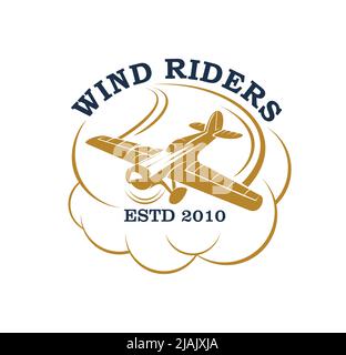 Windfahrer Symbol, fliegende Flugzeug in Wolken oder Propellerflugzeug, Vektor-Symbol. Luftfahrtpiloten oder Flugflieger Akademieemblem mit Vintage Retro-Flugzeug für Flugteam oder T-Shirt-Print Stock Vektor