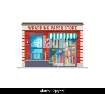 Geschenkpapier Laden Ladengebäude Schaufenster. Stadtstraßengebäude, Geschäftsimmobilien oder flache Vektorladen mit Baldachin, Papierpaketen im Fenster und offenem Schild an der Tür Stock Vektor