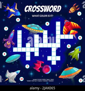 Cartoon Galaxie Raum Planeten und Raumschiffe Kreuzworträtsel-Spiel, Kinder Quiz Arbeitsblatt. Vektor finden Sie ein Wort suchen Labyrinth, Kreuzworttest für Kinder Bildungs-oder Lernaktivitäten mit ufo-Untertassen Stock Vektor
