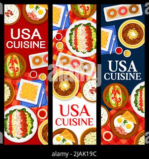 USA Cuisine Banner mit Food-Gerichte, amerikanische Restaurant-Menü Mahlzeiten, Vektor. TRADITIONELLES AMERIKANISCHES Frühstück, Mittag- und Abendessen mit Eiern mit Speck, Hot Dog, Gurkensalat und Maiskolben Stock Vektor