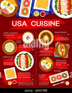 USA Cuisine Menü, amerikanische Gerichte und Mittagessen, Vector Restaurant Mahlzeiten. TRADITIONELLE amerikanische Snacks und Salate, Hot Dog und pommes mit Ketchup und Senf, Spiegeleier mit Speck Stock Vektor