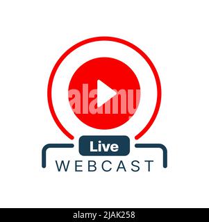 Live-Webinar-Symbol oder Webcast-Vektorschaltfläche für Online-Schulungen, virtuelle Workshops und Videoschulungen oder Seminare. Isoliertes rotes Symbol für Play-Taste, Web-Bildung, Konferenzen, Live-Webinar Stock Vektor