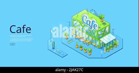 Banner mit isometrischem Cafe-Gebäude, moderne Architektur isoliert auf blauem Hintergrund. Vektor-horizontales Plakat mit axonometrischer Darstellung der Cafeteria-Fassade mit Tischen und Bänken im Freien Stock Vektor