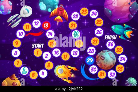 Kinder Brettspiel, Cartoon-Universum Galaxie Sterne, Raketen und Raumschiffe. Vektor-Brettspiel mit nummerierten Schlangenpfad und Raumschiff im Weltraum, Walk Puzzle für Familie und Kinder, kosmische Reise Rätsel Stock Vektor