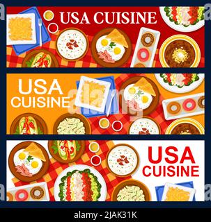 USA Cuisine Banner, amerikanische Küche Menü von Restaurant-Gerichte, Vektor-Mahlzeiten. TRADITIONELLES AMERIKANISCHES Frühstück, Mittag- und Abendessen, gebackene Bohnen und Spiegeleier mit Speck, Hot Dog und Donuts Stock Vektor