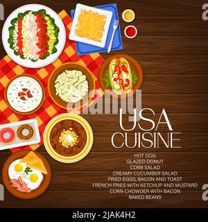 USA Cuisine Menü Cover, amerikanische Restaurant Food Gerichte und Mahlzeiten, Vektor-Poster. AMERIKANISCHE Frühstücks-, Mittags- und Abendkarte mit Hot Dog, Toast mit Speck und Spiegeleiern, Salat und Donuts Stock Vektor