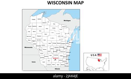 Karte Von Wisconsin. Staat- und Distriktkarte von Wisconsin. Politische Landkarte von Wisconsin mit Nachbarländern und Grenzen. Stock Vektor