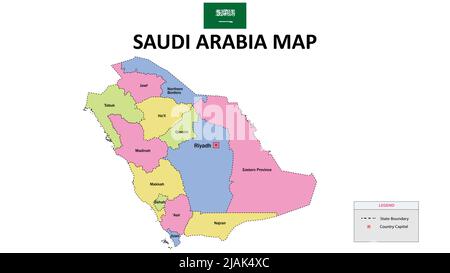 Saudi-Arabien-Karte. Saudi-Arabien Karte mit farbigem Hintergrund und Namen aller Staaten. Stock Vektor