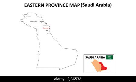 Karte Der Östlichen Provinz. Östliche Provinzkarte von Saudi-Arabien mit weißem Hintergrund und allen Bundesstaaten-Namen. Stock Vektor