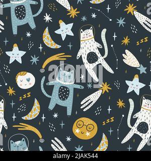 Nahtloses kindisches Muster mit Katzenastronauten im All. Angesagter, farbenfroher skandinavischer Stil. Kreative skandinavische Babytextur für Stoff, Verpackung Stock Vektor