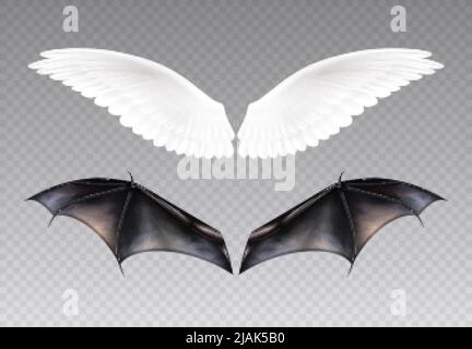 Set mit isolierten Dämonenflügeln und Engelsflügeln realistische Bilder mit Haut und Federn auf transparentem Hintergrund Vektorgrafik Stock Vektor