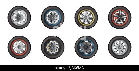 Vorderansicht der Autoräder mit verschiedenen Scheiben realistisch auf weißem Hintergrund isoliert Vektor-Illustration gesetzt Stock Vektor