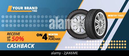 Winterreifen Verkauf realistische horizontale Banner bietet Cashback bis zu 50 Prozent Vektor-Illustration Stock Vektor