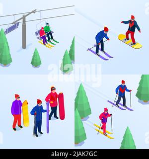 Wintersport 2x2 Set mit Menschen Skifahren und Snowboarden auf Bergskigebiet 3D isolierte Vektor-Illustration Stock Vektor