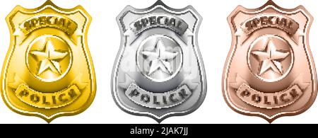 Polizei-Abzeichen in der Hand realistische Set mit drei isolierten Metallschilden aus Gold Silber und Bronze Vektor-Illustration Stock Vektor