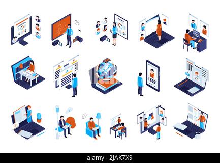 Isometrische Online-Bildung Set mit Lehrern elektronische Geräte und Menschen zu Hause und im Freien studieren 3D isolierte Vektor-Illustration Stock Vektor