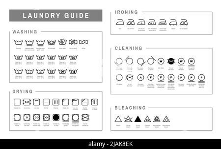 Wäscheletiketten führen ein realistisches Set mit Abzeichen-Symbolen, isolierte Vektorgrafik Stock Vektor