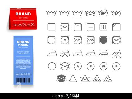 Wäscheetiketten kennzeichnen das realistische Set mit isolierten Vektorgrafiken für Bügelsymbole Stock Vektor
