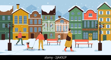 Europäische Winterstadt flachen Hintergrund mit Menschen zu Fuß und Rodeln in der Nähe niedlichen bunten Vintage Häuser Vektor-Illustration Stock Vektor