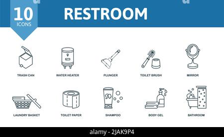 Symbol für die Einstellung der Toilette. Editierbare Symbole im Toilettenstil wie Mülleimer, Kolben, Spiegel und mehr. Stock Vektor