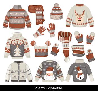 Set von isolierten handgefertigten weihnachtspullover mit warmer Kleidung Hüte Schals und Handschuhe mit festlichen Kunstwerk Vektor-Illustration Stock Vektor