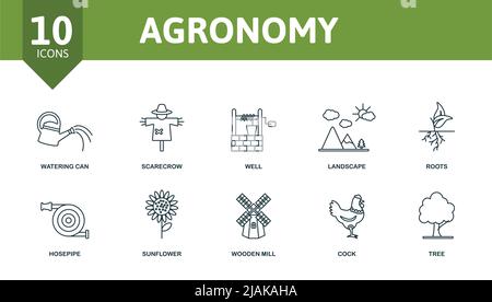 Symbol für Agronomiesatz. Editierbare Symbole Agronomie Thema wie Gießkannen, gut, Wurzeln und mehr. Stock Vektor