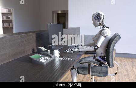 Weiblicher Roboter, der im Büro arbeitet, 3D Render Stockfoto