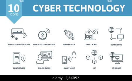 Symbol für Cyber-Technologie eingestellt. Enthält editierbare Symbole Internet-Technologie Thema wie drahtlose Klimaanlage, Smartwatch, Verbindung und mehr. Stock Vektor