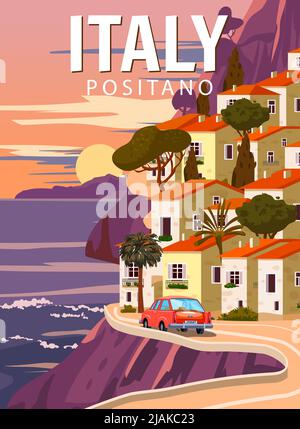 Retro Poster Italien, mediterrane romantische Landschaft, Straße, Auto, Berge, Küstenstadt, Segelboot, Meer. Retro-Reisesoster Stock Vektor