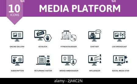 Symbol für Mediaplattform festgelegt. Editierbare Symbole Medienplattform Thema wie Avatar, Chatbot, Geotargeting und mehr. Stock Vektor