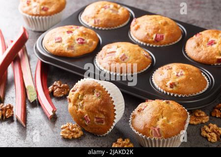 Hausgemachte süße Muffins mit Rhabarber und Walnüssen in einer Auflaufform auf dem Tisch. Horizontal Stockfoto