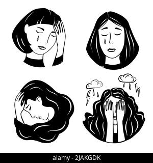 Eine Reihe von Illustrationen von Frauen, die weinen, sich unglücklich fühlen, deprimiert sind. Angst, Depression, Stress, Kopfschmerzen. Concepr der psychischen Störung oder ptbs. Stock Vektor