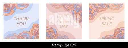 Social Media quadratische Vorlagen, Beiträge Feed Layouts. Abstrakte Rosen Blumen welliges Muster für Muttertag, Happy Valentines Day Karte, Frühling Sommer Verkaufsflyer Vektor-Illustration Stock Vektor